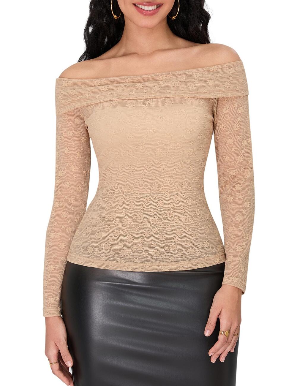 Blooming Jelly Womens XL Off Shoulder Long Sleeve Lace Fitted Top Nude Beige